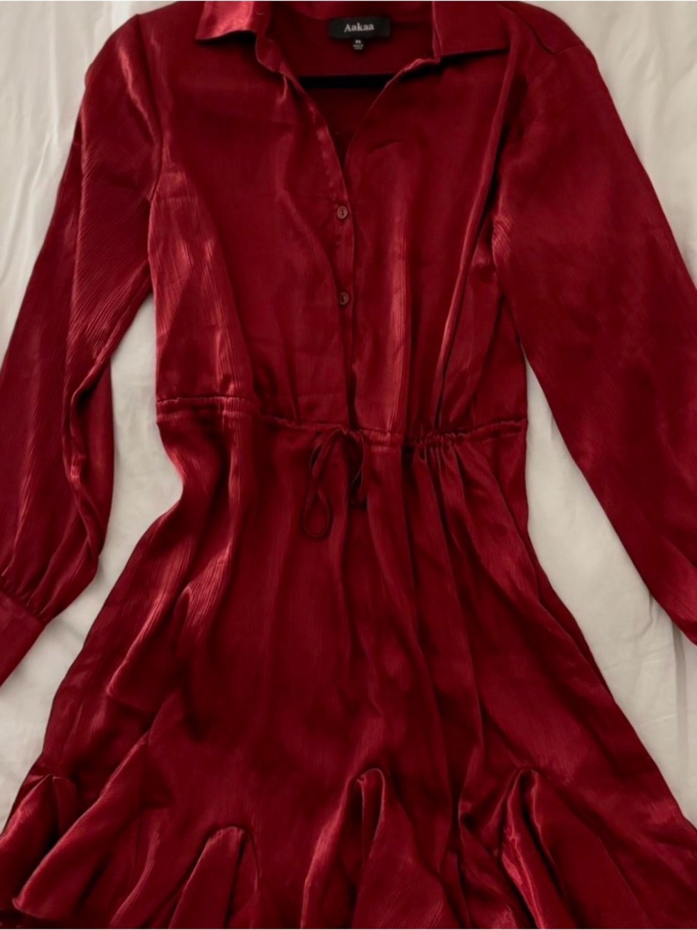 Showpo Red Satin Button-Front Long Sleeve Drawstring Waist Dress